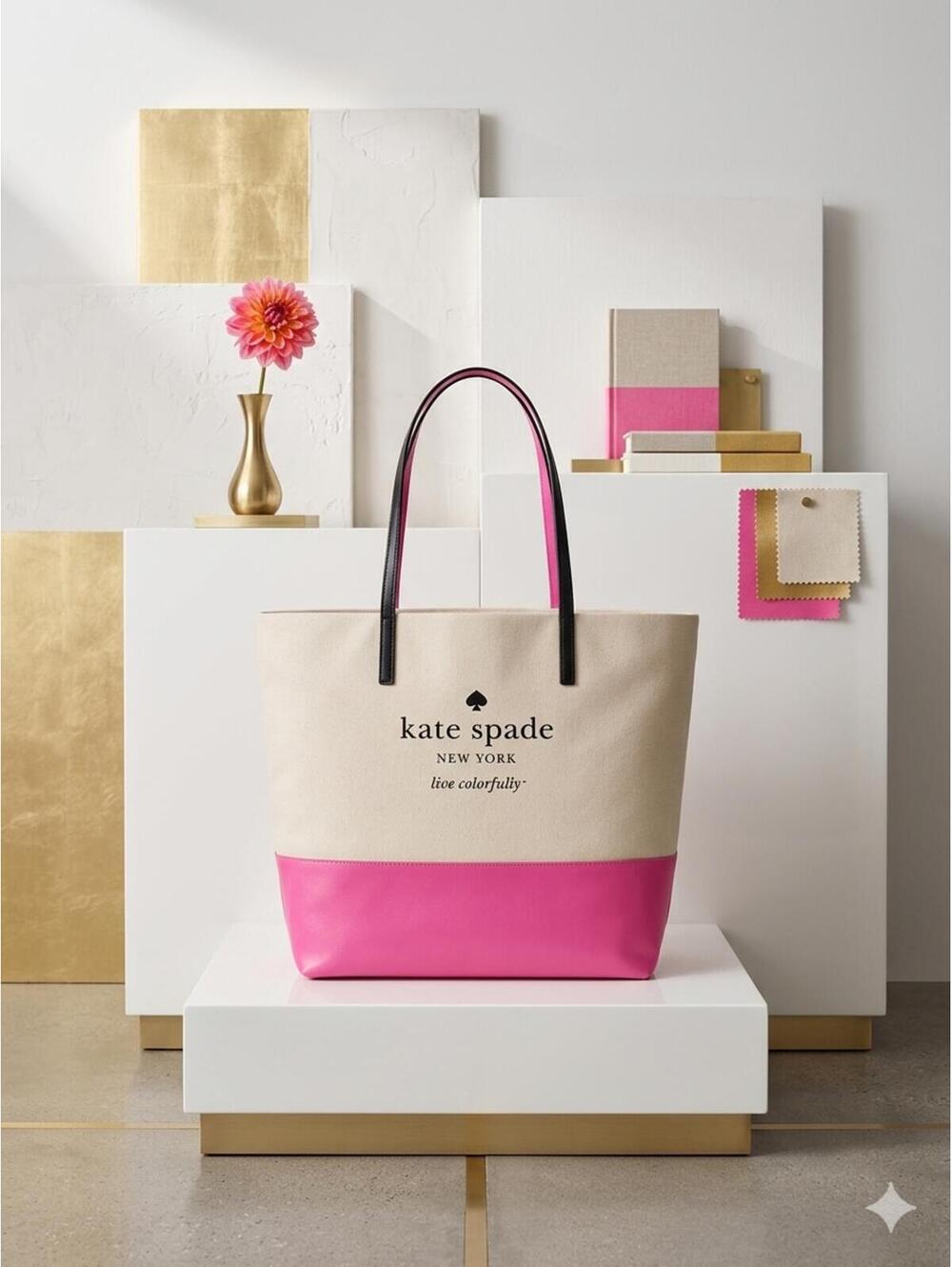 Kate Spade Canva Tote Bag Basin View Bon Shopper Natural/Bougainvillea WKRU3039